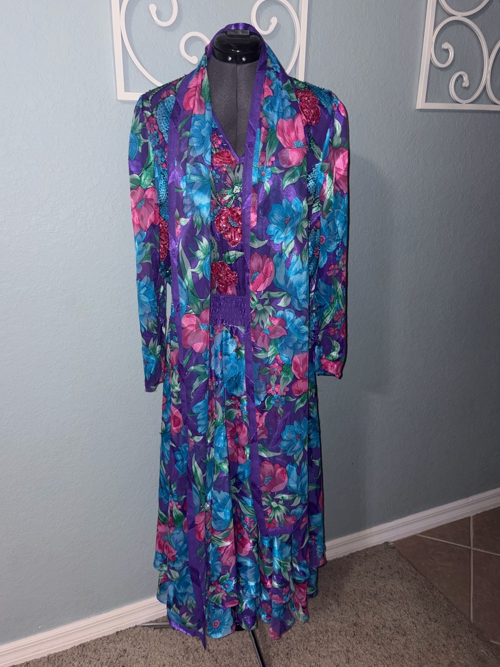 RARE Diane Freis dress vintage, Hong Kong, Floral, Beaded, Sequin Dress boho